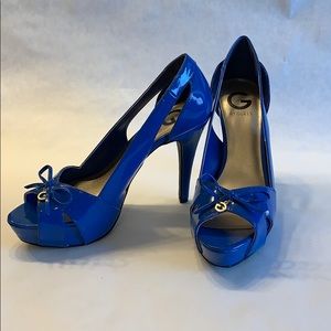 Guess Blue Patent Platform Heels